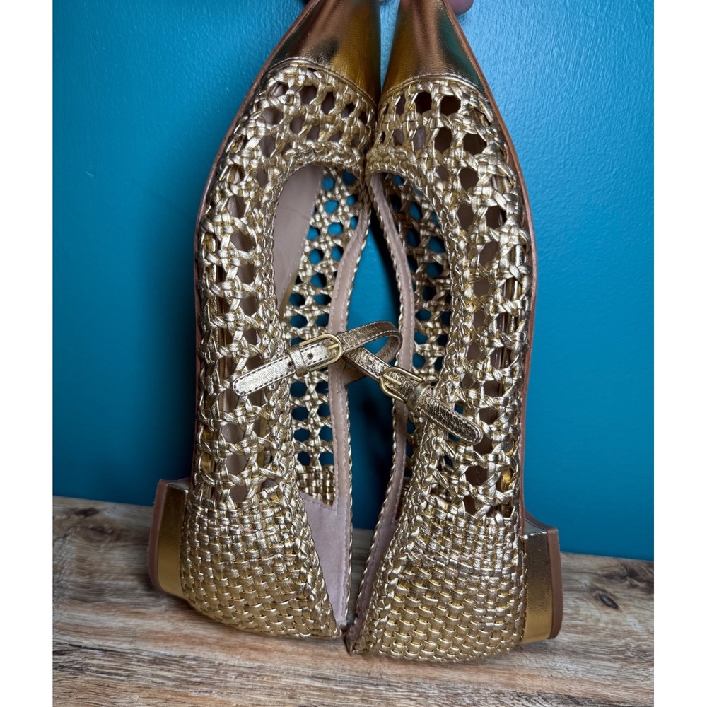 Boden Mary Jane Flats Womens 40 Gold Woven Metallic Leather Cap Toe 9-9.5 READ - Picture 4 of 8